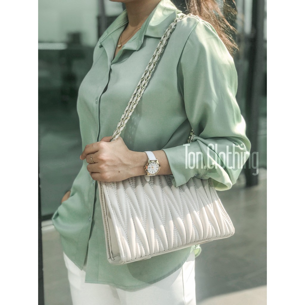 Áo sơmi nữ Ton.Clothing sơmi tay dài vải lụa MANGO dáng đẹp phù hợp đi làm đi chơi màu xanh mint SMI004