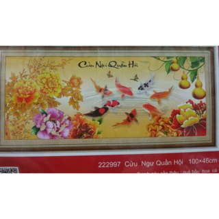 Tranh thêu chữ thập CÁ CỬU NGƯ QUẦN Hội 222997,100x46cm chưa thêu