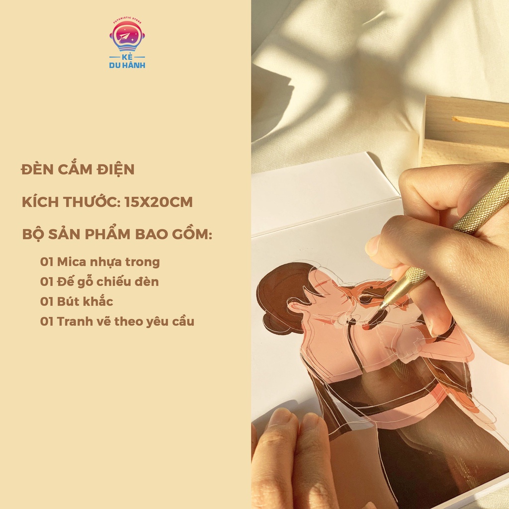 Đèn ngủ tự khắc theo yêu cầu, đế gỗ, tặng kèm bút khắc dùng trang trí decor, quà tặng sinh nhật