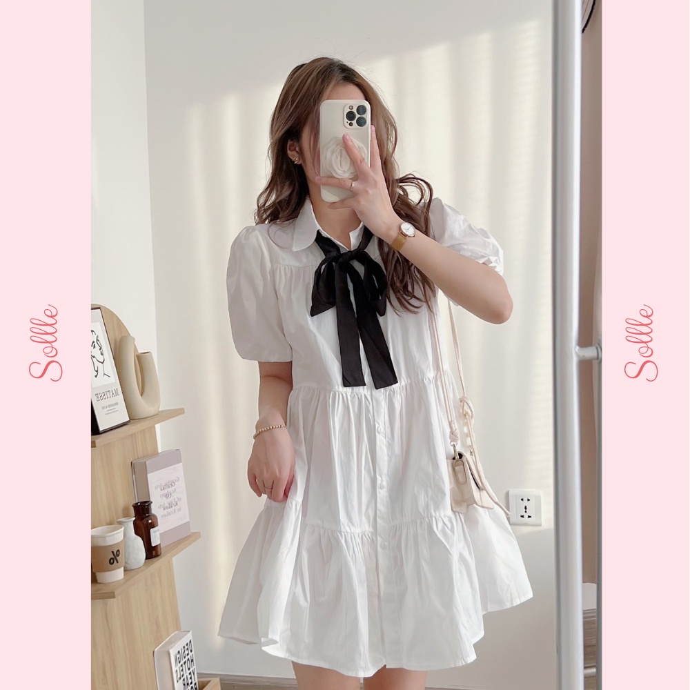 Đầm váy sơ mi babydoll dáng xòe cổ bẻ thắt nơ trơn nhiều màu Hàn Quốc đáng yêu Sollle
