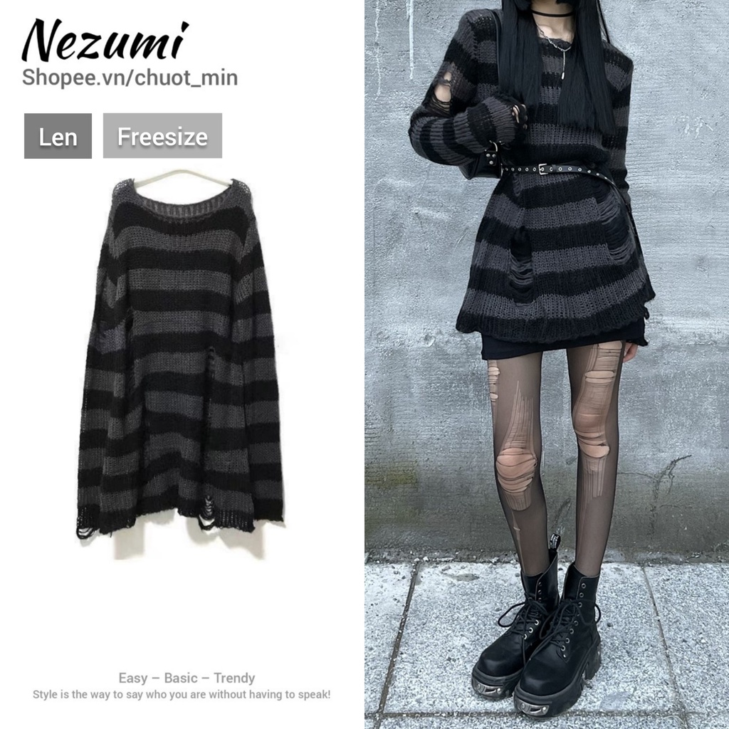 (Sẵn tím ombre, hồng đen, đỏ đen) Áo len dài váy kẻ ngang rách gấu tạo layer cá tính Châu Âu Lady Ghost