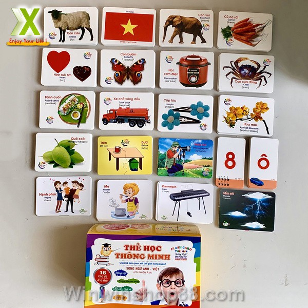 Bộ thẻ học thông minh 16 chủ đề 416 thẻ Chủ Đề Song Ngữ Anh-Việt Flashcards đồ dùng dạy học cho bé học từ vựng- Asam