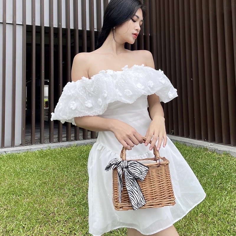 ROSE MARY | Váy Trễ Vai Tơ Hoa Nổi Tiểu Thư