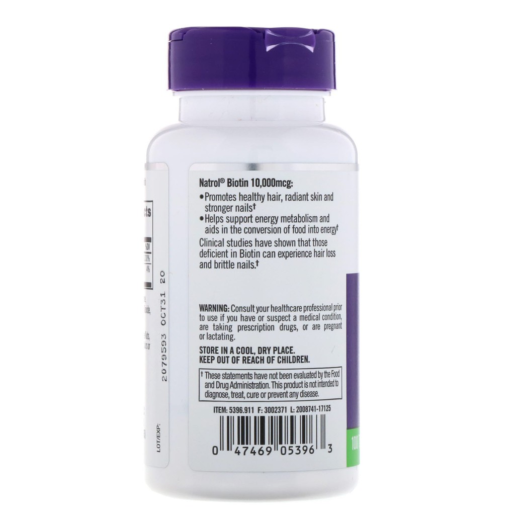 Natrol Biotin 10000mcg viên uống mọc tóc, chăm sóc tóc USA (Hộp 100 viên)