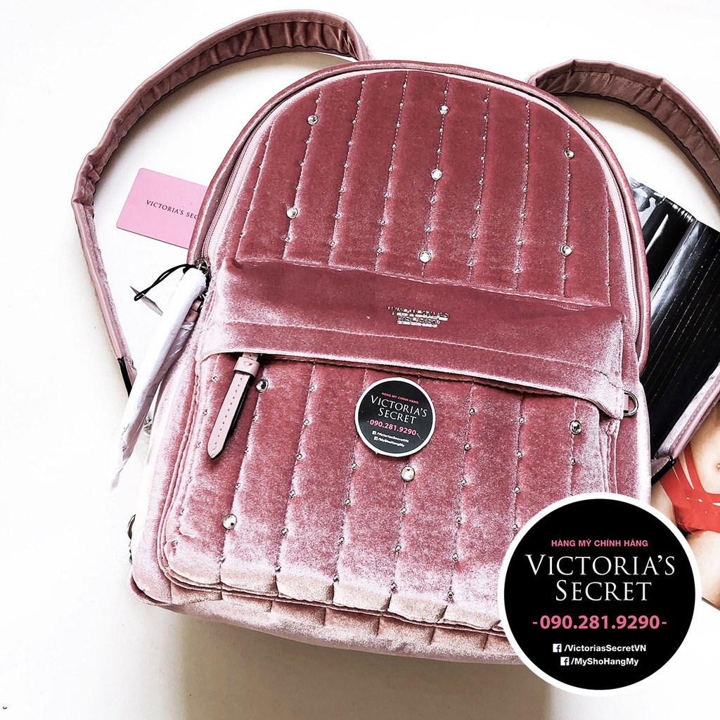 Ba lô nhung màu hồng kết hạt trắng KT 36x26x13cm - Hàng nhập Victoria's Secret USA