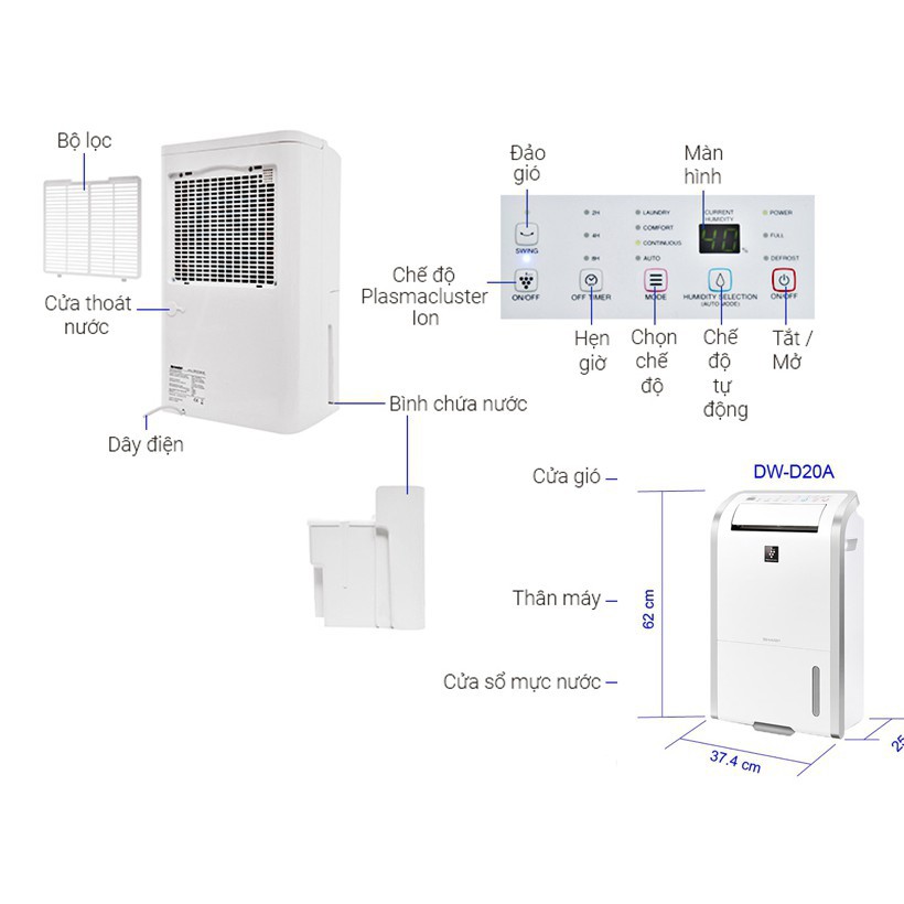 Máy lọc không khí hút ẩm tạo ion Sharp DW-D20A-W (50m2) - Bảo hành chính hãng 12 Tháng
