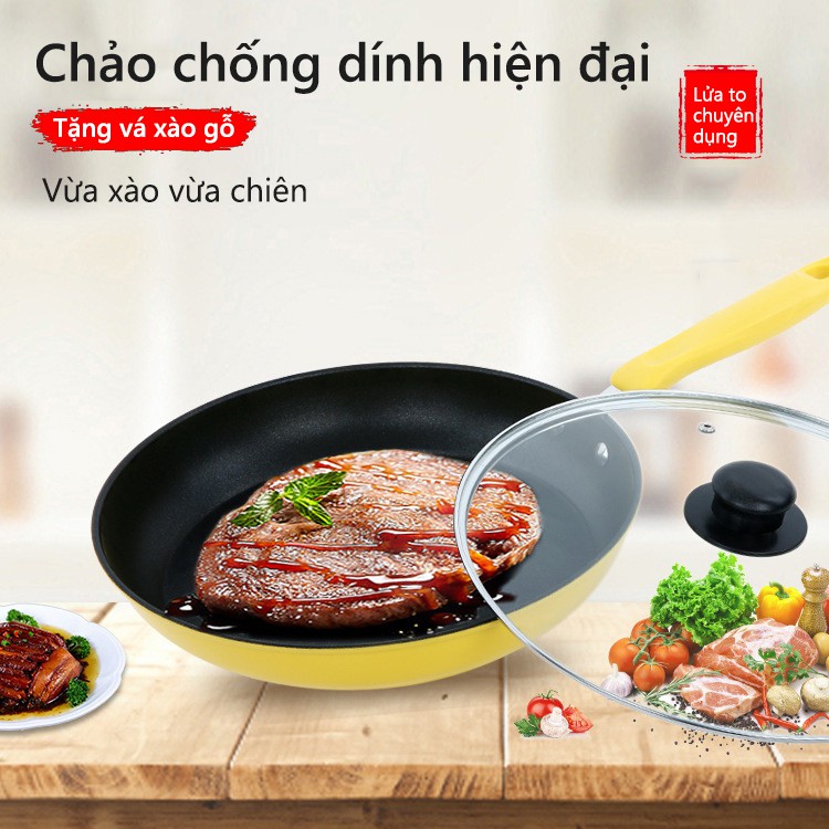 Chảo chống dính màu vàng 28cm,có nắp, tặng vá xào gỗ, chảo chiên chảo rán chảo rán cao cấp YA11