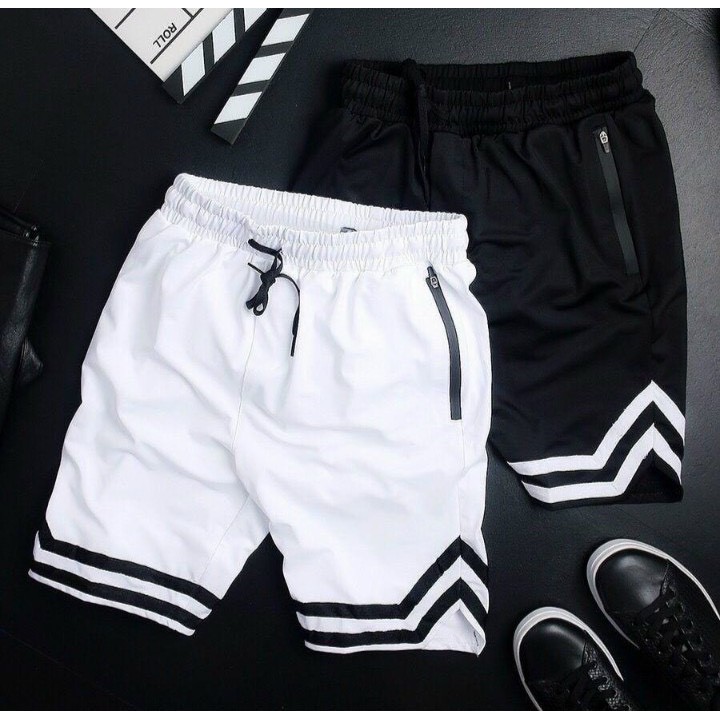 Quần short thể thao 💝FREESHIP💝 quần đùi unisex thun mềm mịn 2 viền đen - trắng túi khóa kéo năng động trẻ trung