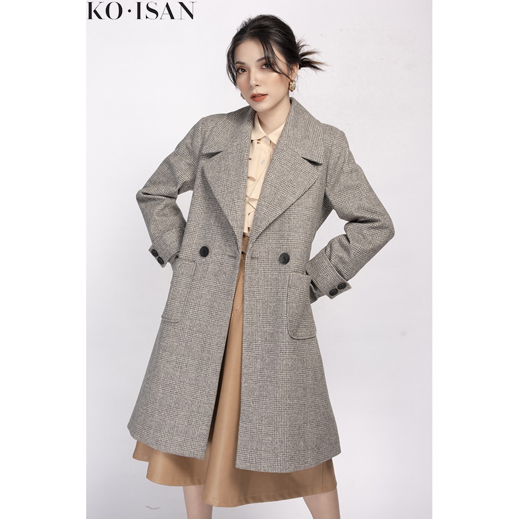 Áo khoác dạ nữ KO-ISAN dáng dài họa tiết kẻ màu xám - 3300352-1
