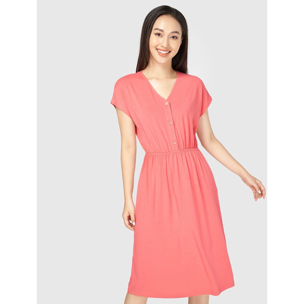 Váy liền nữ chun eo CANIFA chất liệu polyester pha dáng ôm trên thân áo và chân váy xòe cổ tim mở cúc tay cộc 6DS21S020