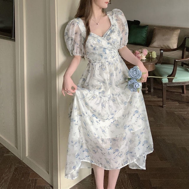 Đầm Voan Hoa Ngắn Tay Cổ Chữ V Thời Trang Mùa Hè Pháp Dành Cho Nữ 2022