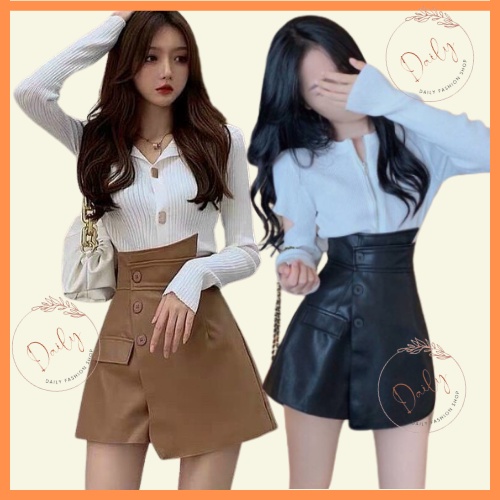 Quần Short Giả Váy Da 3 Cúc Vạt Chéo Lưng Cao Dáng Chữ A Siêu Tôn Dáng 2 màu Đen, Nâu
