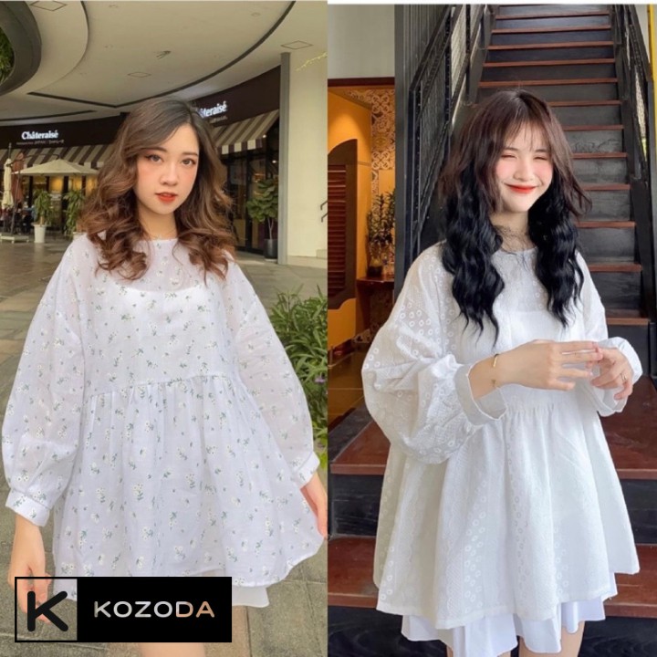 Áo babydoll thêu dáng rộng hoa xanh trắng Kozoda SM35