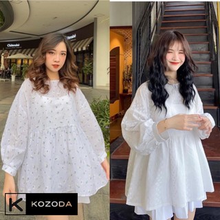 Áo babydoll thêu dáng rộng hoa xanh trắng Kozoda SM35