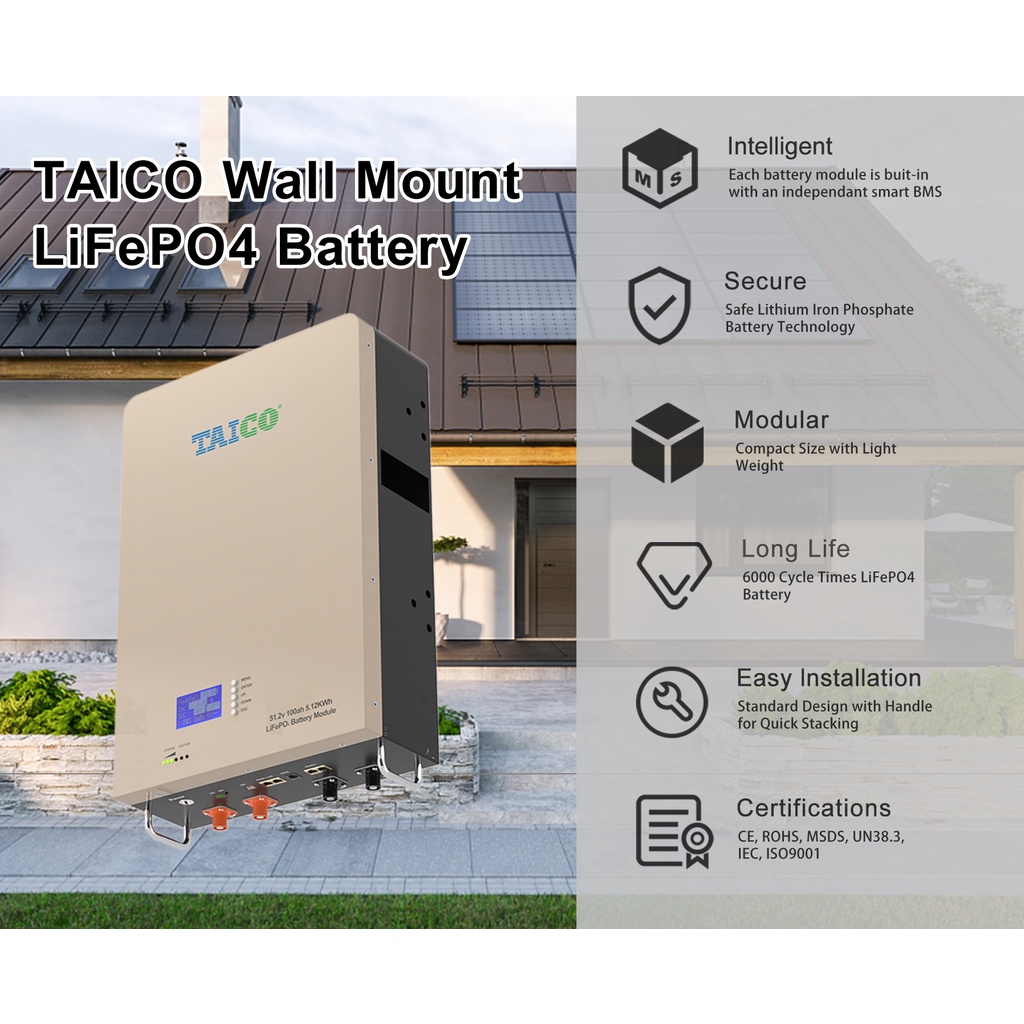Pin lithium sắt phốt phát treo tường  48V 100AH lưu trữ năng lượng mặt trời TAICO TKPW5000
