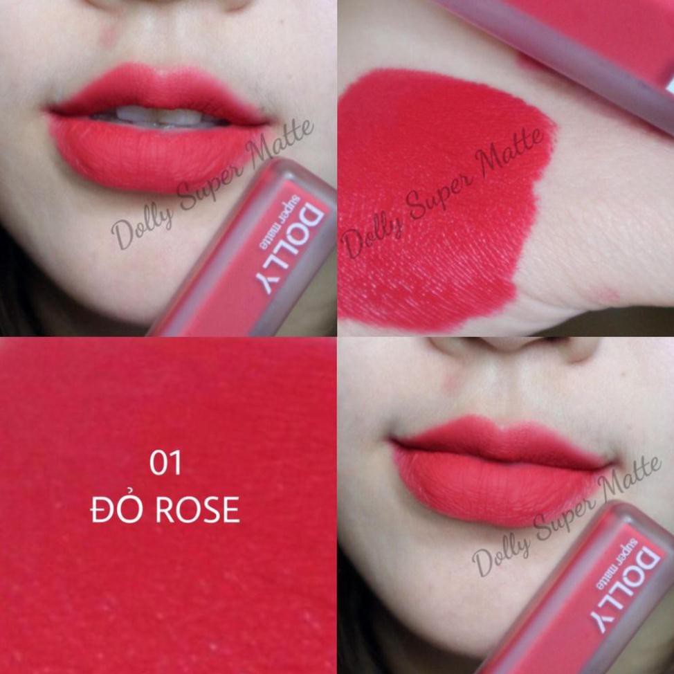 New 2021 [01 Đỏ Rose] Son Kem Lì Dolly Super Matte Không Chì Màu Đỏ Rose [01] Tách Sét