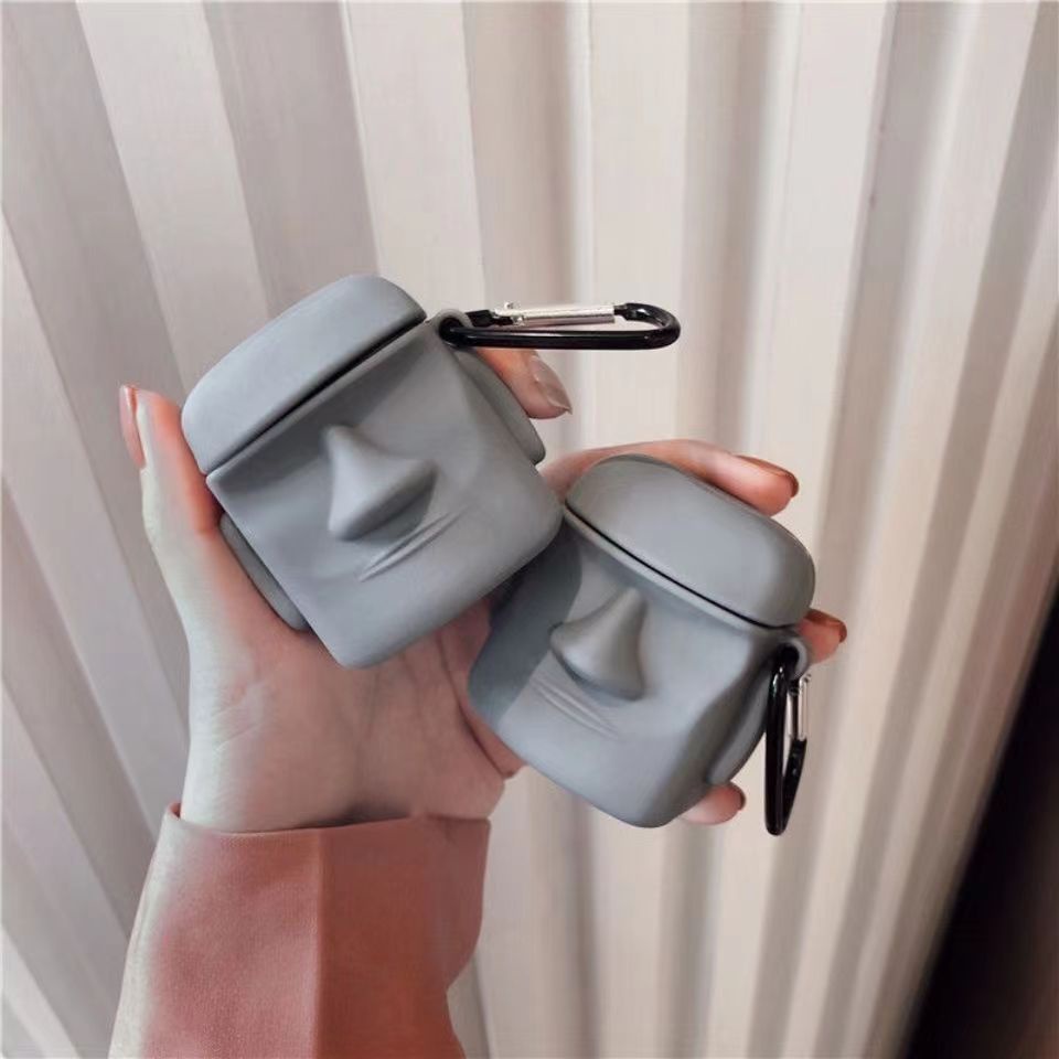 Vỏ Bảo Vệ Hộp Sạc Tai Nghe AirPods 1 2 pro 3 2021 gen3 Bluetooth Không Dây Chất Liệu TPU Silicon Hình Tượng Đá Moai 3D Chống Rơi