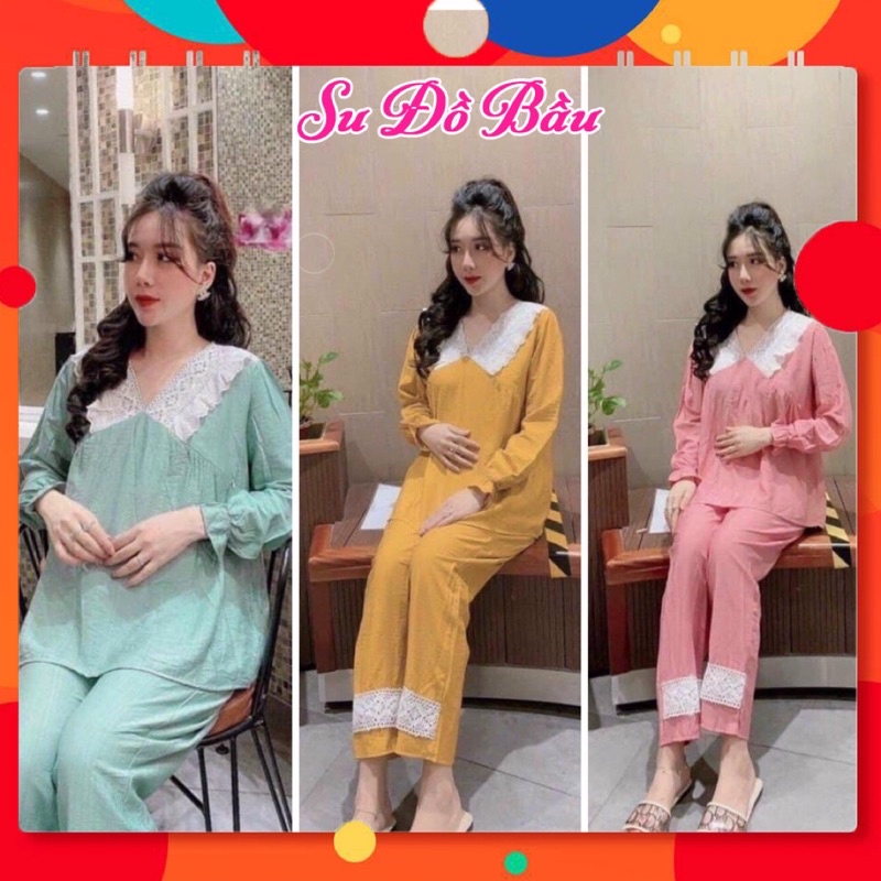 Bộ bầu - Bộ sau sinh - Cho con bú – Chất liệu Đũi hàn ( Cổ Ren V Mã 332 )
