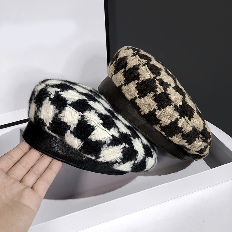 Fashionable autumn and winter style knitted berets with leather for women