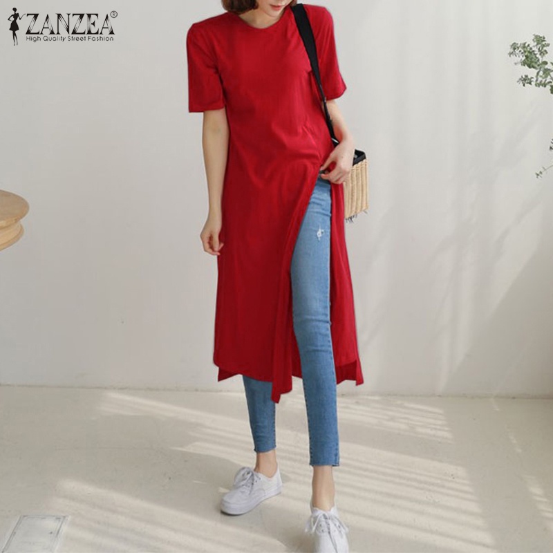 ZANZEA Áo Thun Nữ Tay Ngắn Cổ Tròn Xẻ Tà Thời Trang