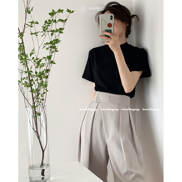Áo phông nữ cổ tròn cao chất liệu cotton mềm mại thấm hút mồ hôi 2.5cm Harriet