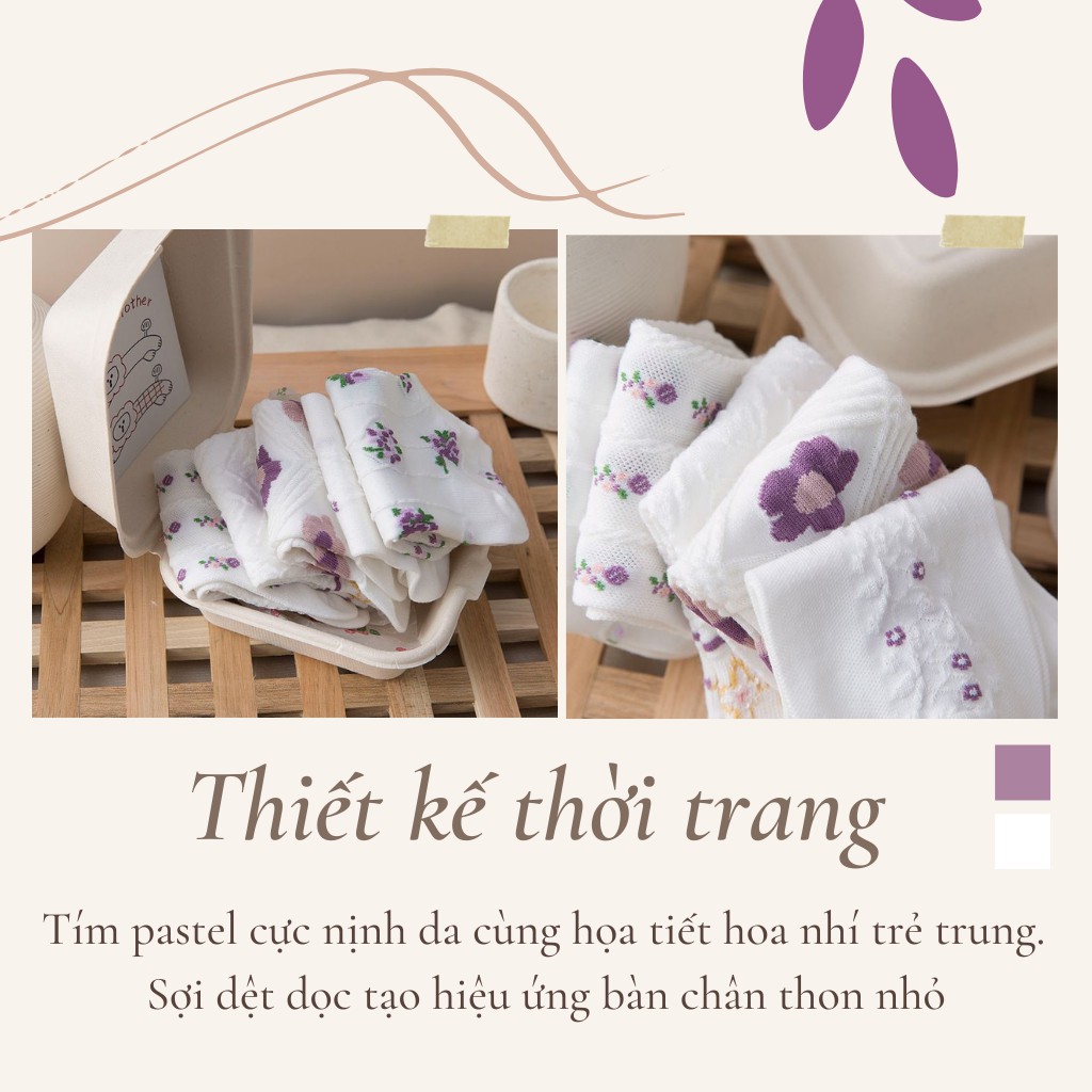 [Video cận chất] Tất nữ cổ ngắn VIOLET vớ nữ tím pastel thời trang họa tiết hoa nhí đi giày thể thao