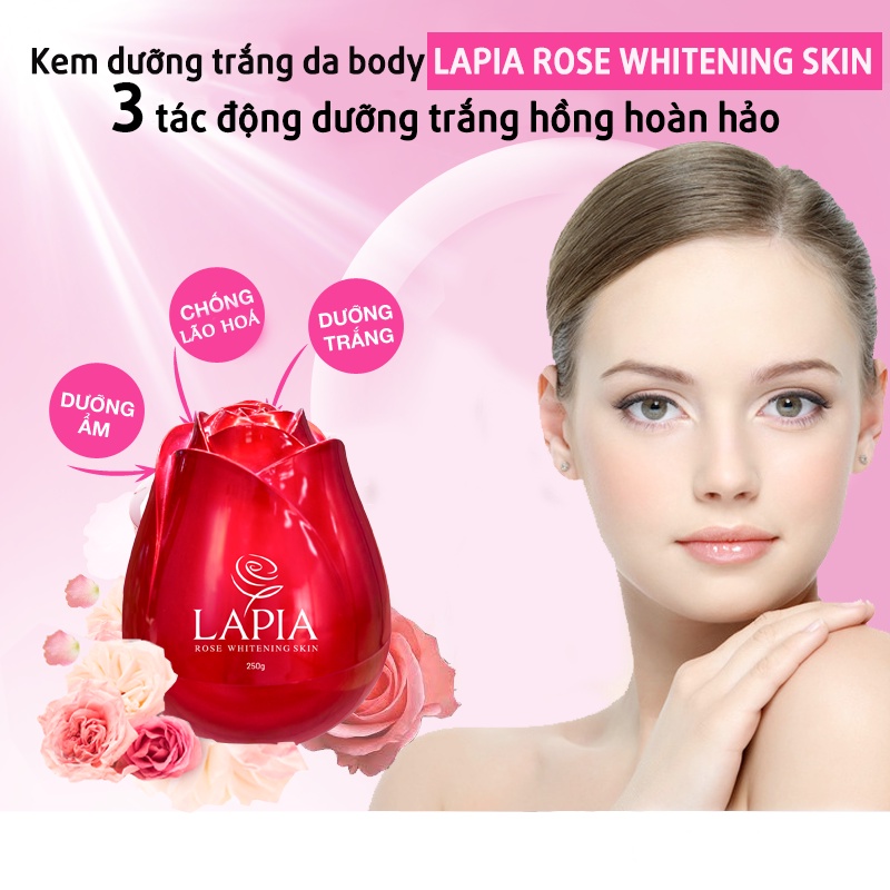 Lapia Rose Body Cream Cấp Ẩm Dưỡng Trắng, Giảm Nếp Nhăn, Tăng Sức Đàn Hồi Cho Da 250g Tặng Xà Bông Tinh Chất Hoa Hồng