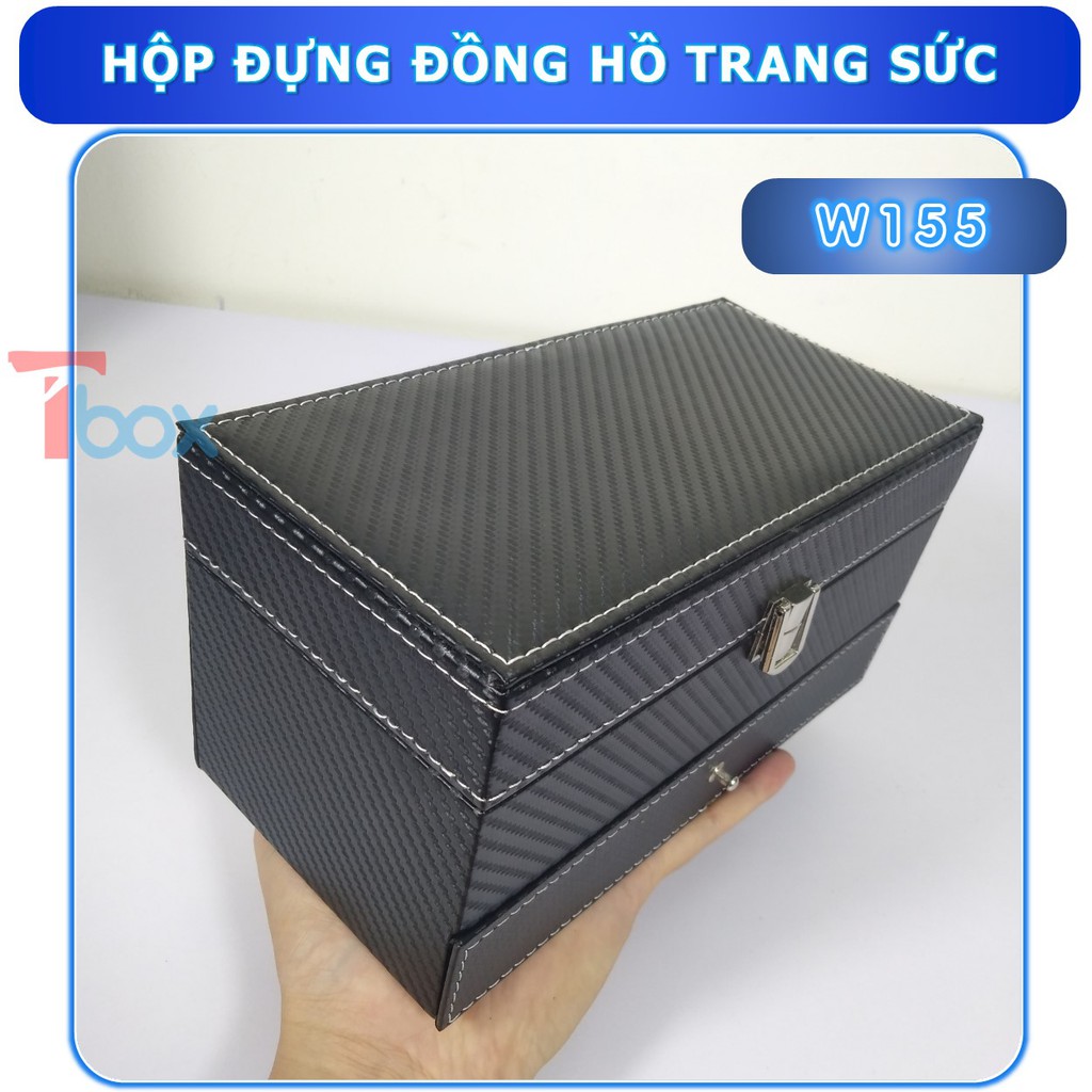 Hộp đựng đồng hồ,hộp trưng bày 4 đồng hồ và trang sức 2 tầng bằng da vân cacbon sang trọng