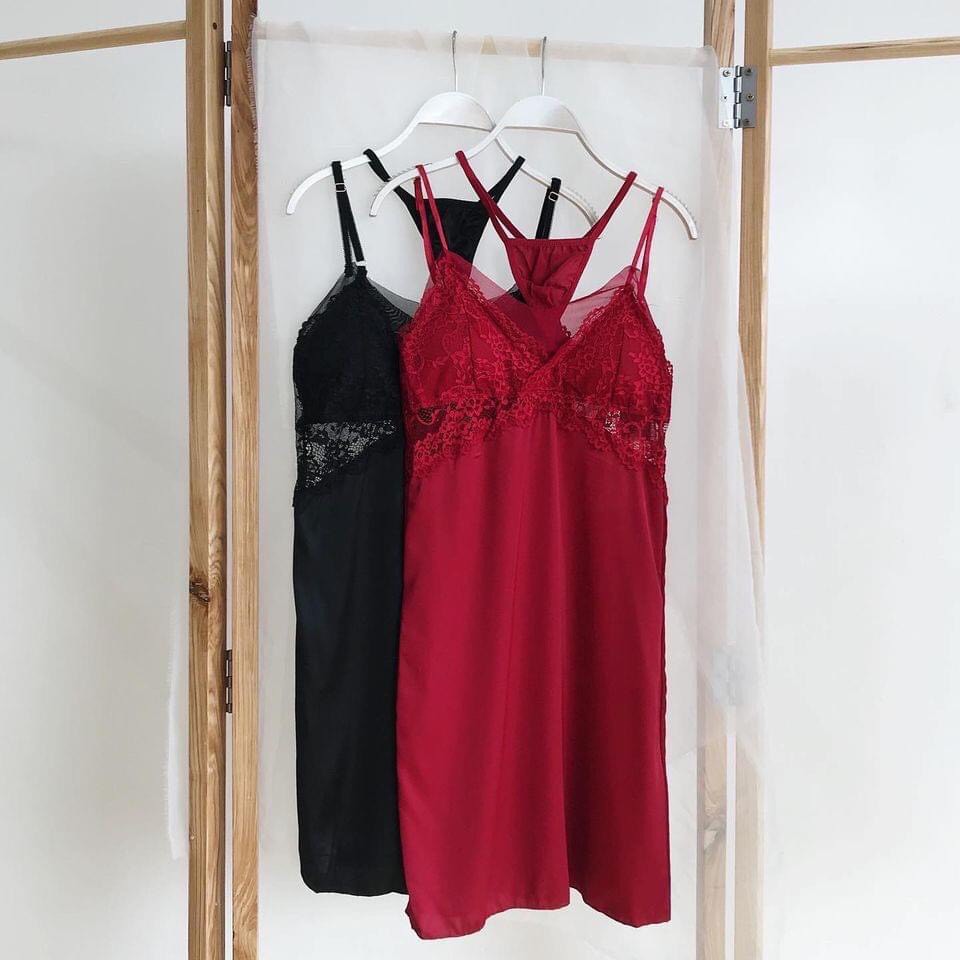 Đầm ngủ màu đỏ đô hai dây ren ngực gợi cảm (có mút ngực)