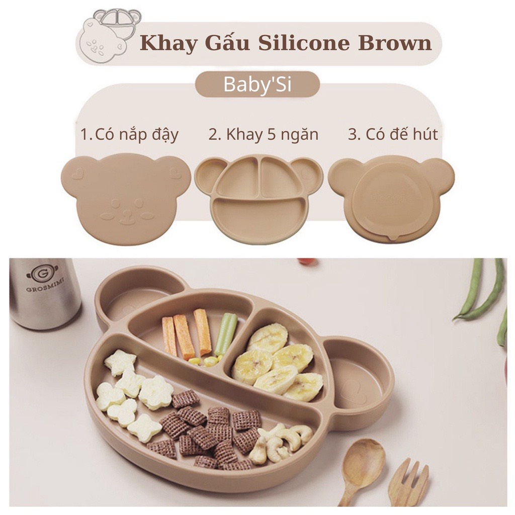 Khay ăn dặm silicon gấu chống lật hình gấu Brown new