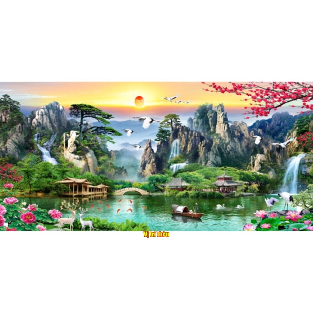 Tranh Thêu Chữ Thập Phong Cảnh 3D Lưu Thủy Sinh Tài KT:160x75cm-200-90cm
