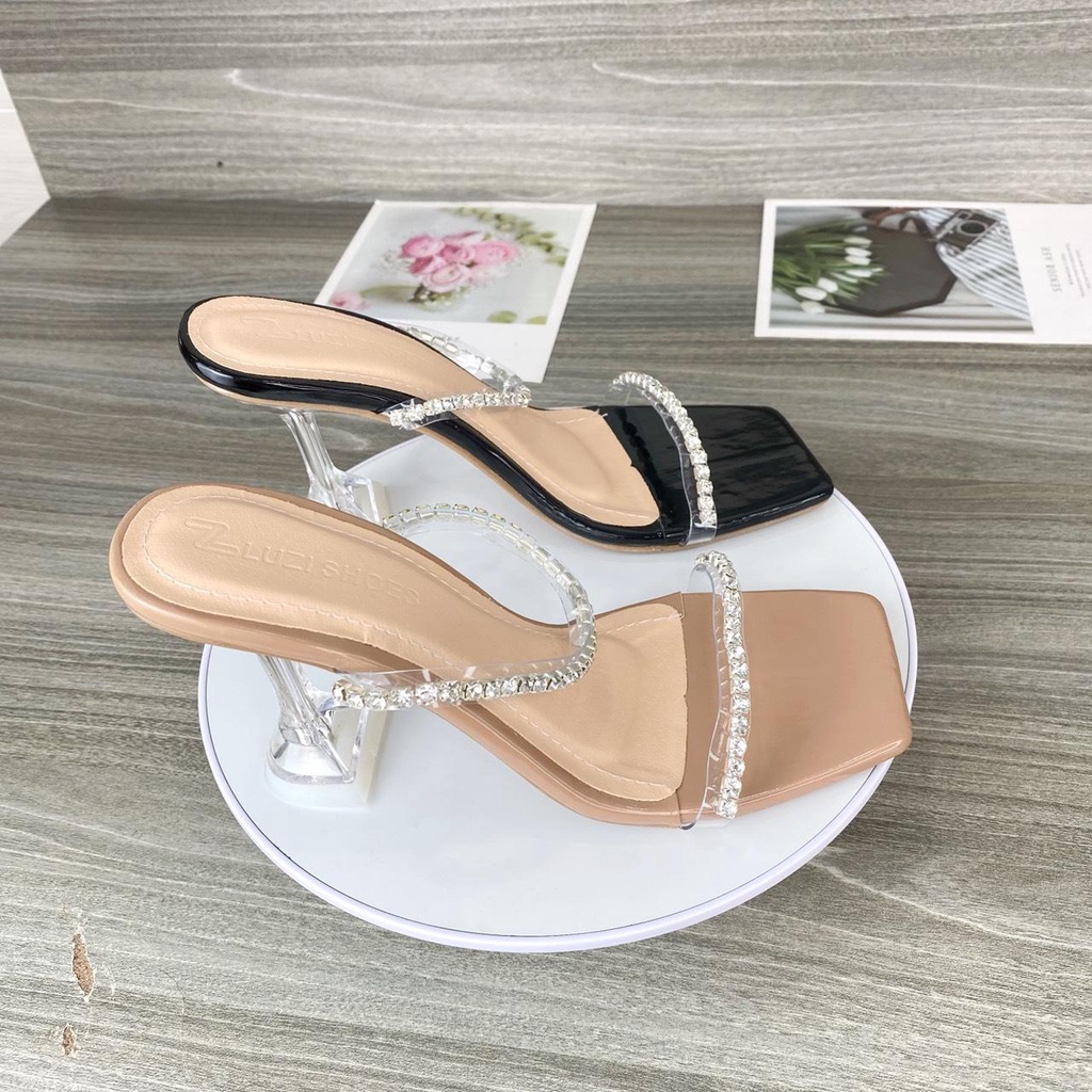 Guốc cao gót nữ 2 dây mica đính đá gót ly cao 9p, giày cao gót nữ 2 quai ngang đính đá sang chảnh đi tiệc cao 9p B12