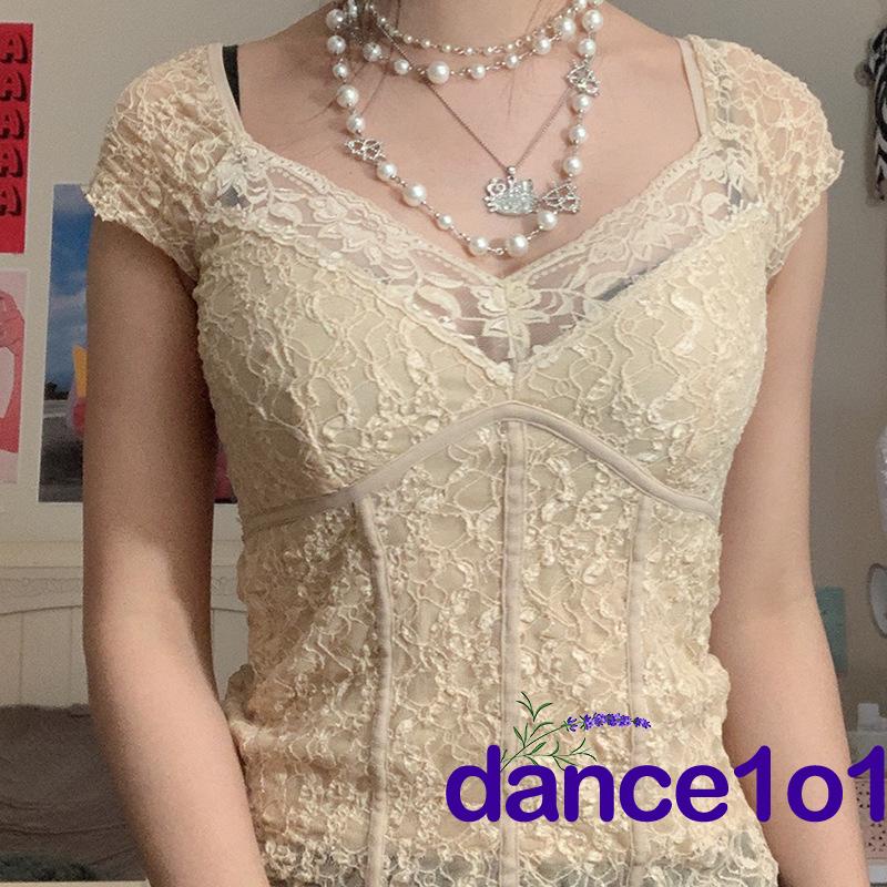 Áo thun tay ngắn cổ chữ V phối ren thời trang cho nữ