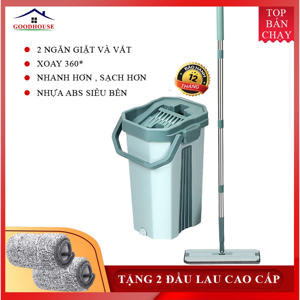 Bộ cây lau nhà- chổi lau nhà tự vắt 360 độ thông minh, hàng chính hãng cao cấp tặng kèm 2 bông lau tiện lợi