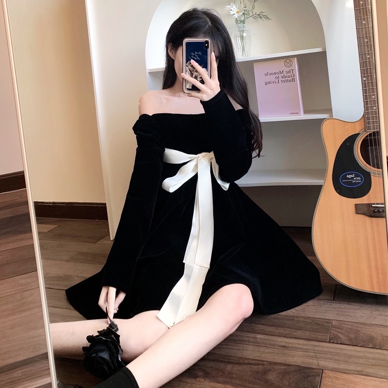 Đầm IELGY hai dây thắt nơ eo phong cách Pháp cổ điển thời trang cho nữ