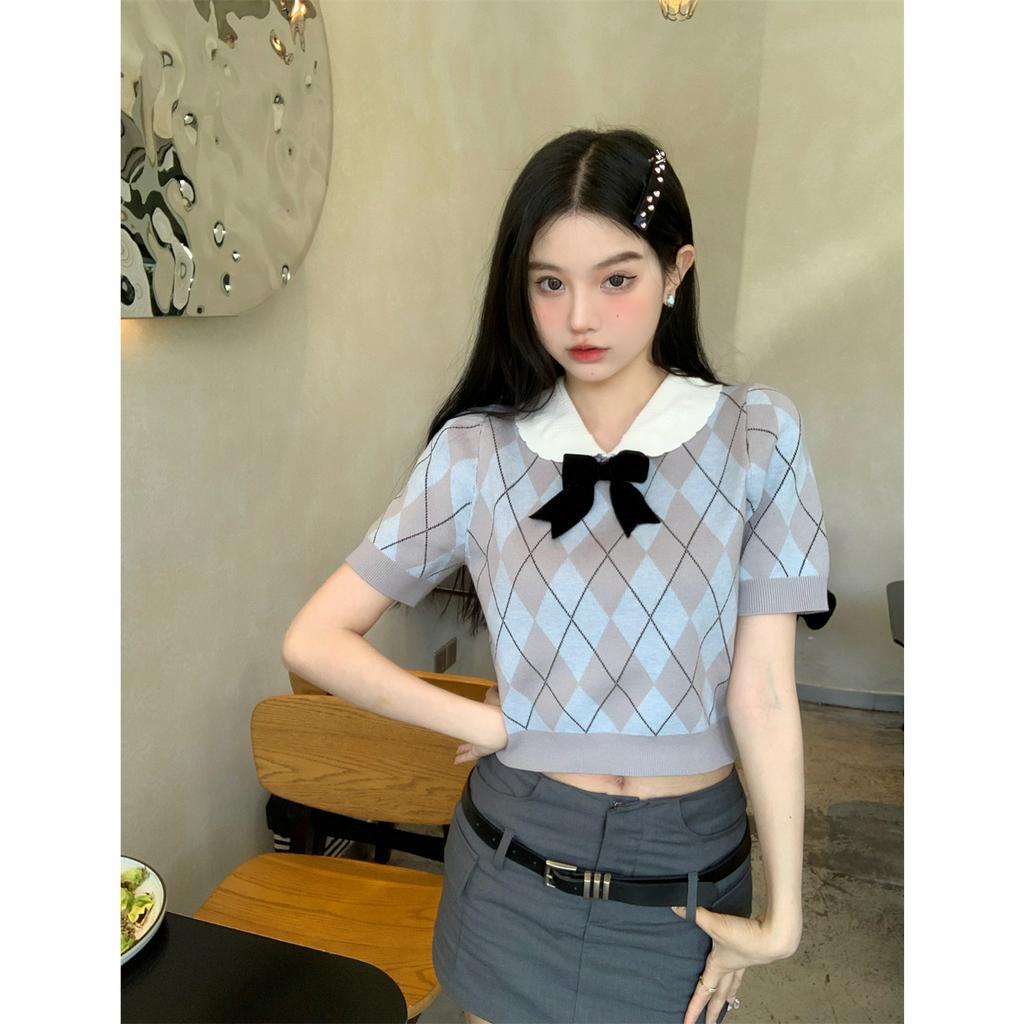 Áo Dệt Kim Tay Ngắn Cổ Búp Bê Phong Cách Hàn Quốc Thời Trang Cho Nữ