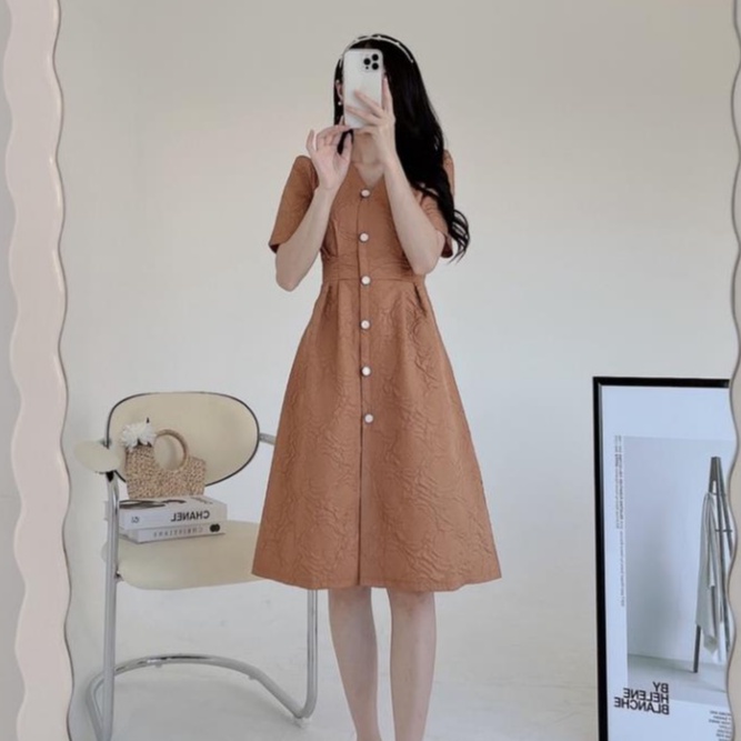 Váy dự tiệc xốp Hoa dáng tiểu thư sang chảng, váy dáng xòe đính cúc ngọc