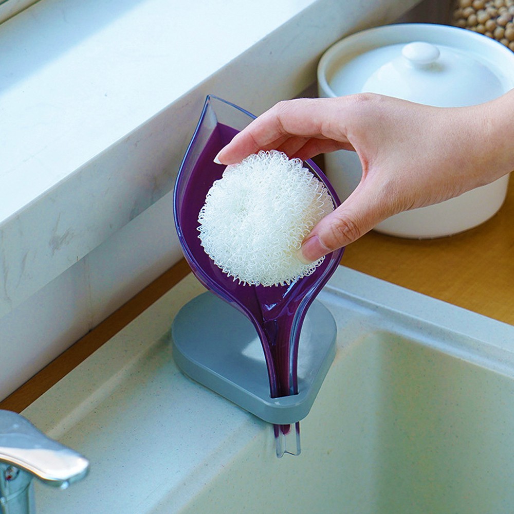 Khay đựng xà phòng, búi rửa chén bát trang trí hình lá có đế hít