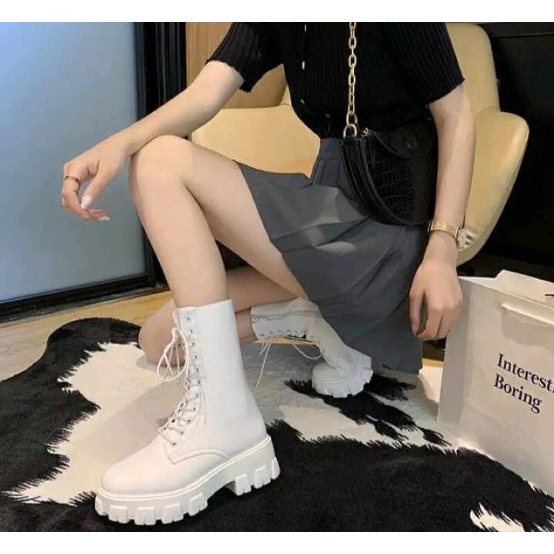 Giày bốt nữ cổ cao buộc dây cổ lửng có khoá kéo ulzzang