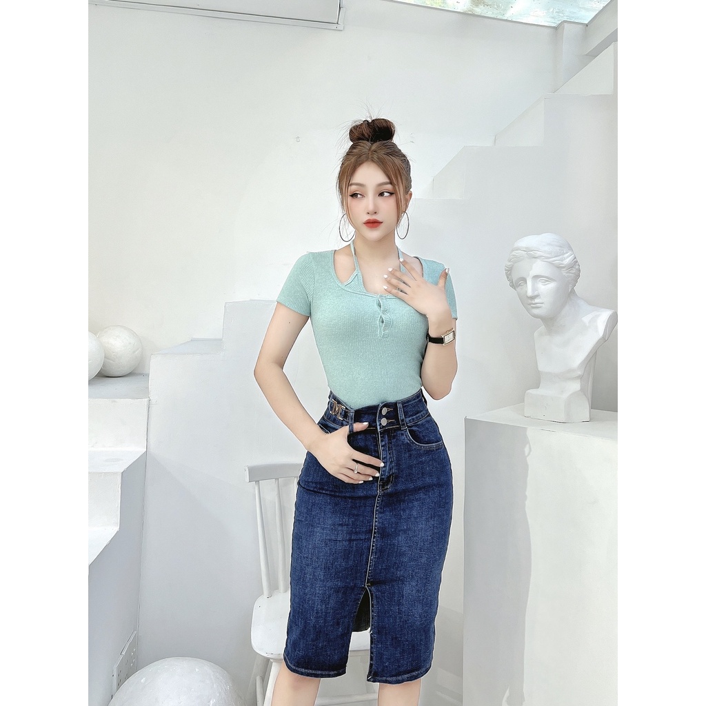 Chân váy jeans dài nữ CRAZYTEEN dáng ôm sang trọng V0011