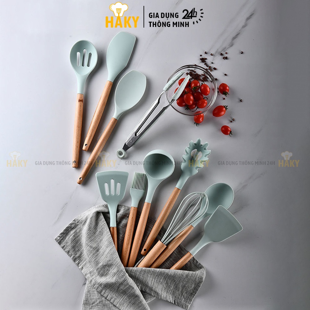 Bộ dụng cụ nấu ăn, làm bánh 11 món silicon y tế an toàn HAKY001, chịu nhiệt tốt, độ bền cao, chuôi gỗ chắc chắn