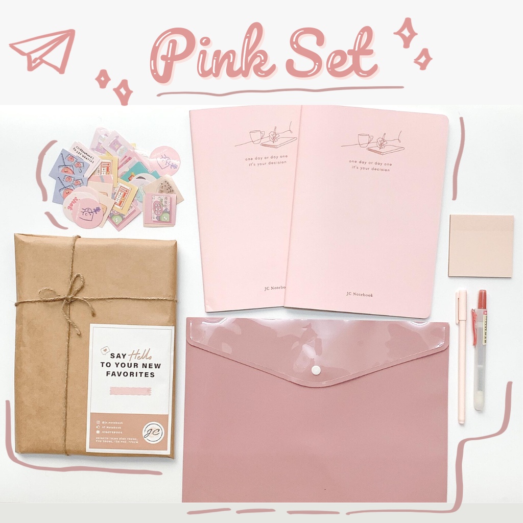 Pink Stationery Set - Bộ Đồ Dùng Học Tập màu Hồng Pastel - Vở B5 Caro Kẻ Ngang | Bút Gel Đen | Giấy Note Trong Suốt Hồng