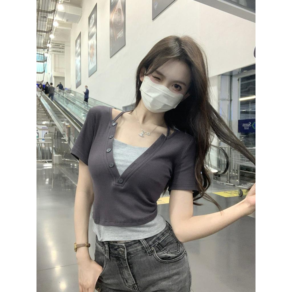 Áo Thun Cotton Giả Hai Lớp Màu Sắc Tương Phản Thời Trang Cho Nữ 62811