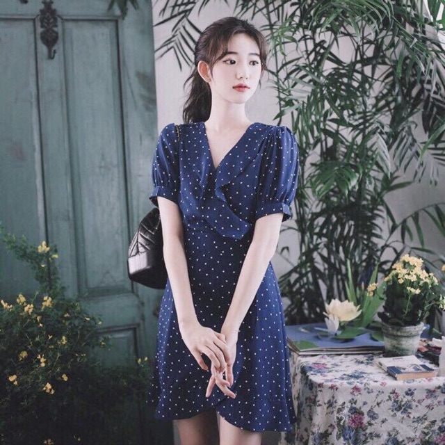 Đầm váy bi xanh cổ bèo thắt nơ (kèm hình thật)