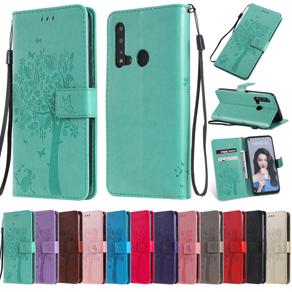 Bao Da Dập Nổi Sang Trọng Họa Tiết Cây Và Mèo Cho Lg G7 Thinq
