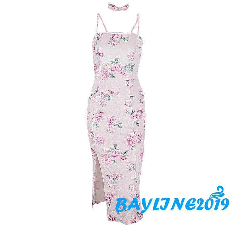 Đầm Ôm Dáng Không Tay Hở Lưng In Họa Tiết Hoa Hồng Có Vòng Choker Đơn Giản Dành Cho Nữ