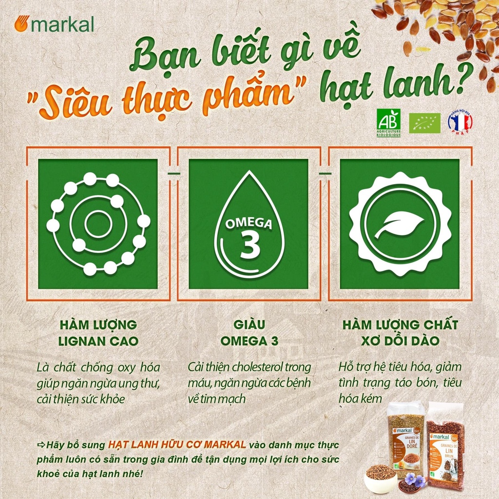 Hạt Lanh Nâu Hữu Cơ Markal Organic Flax Seeds 500gr hạt dinh dưỡng mix grandola làm sữa hạt lanh