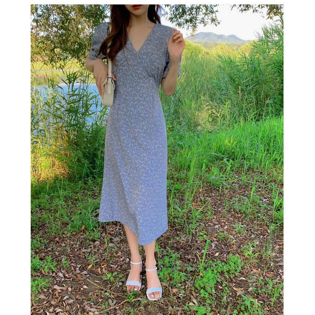 Đầm Voan Hoa Cổ V Thắt Dây Eo Thời Trang Quý Phái 63239