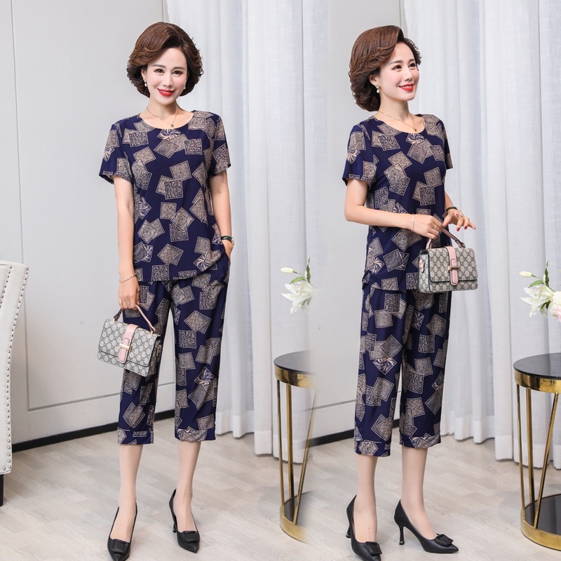 Bộ đồ trung niên nữ chất liệu thun lạnh cao cấp BD2 bộ thun áo cộc tay quần lửng có túi tiện dụng