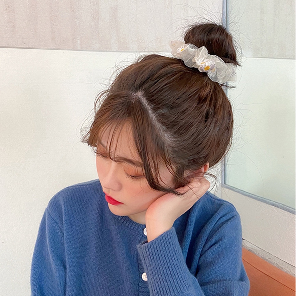 Dây Buộc Tóc Chiffon Co Giãn Phối Lưới Satin In Họa Tiết Hoa Cúc Phong Cách Hàn Quốc Cho Nữ
